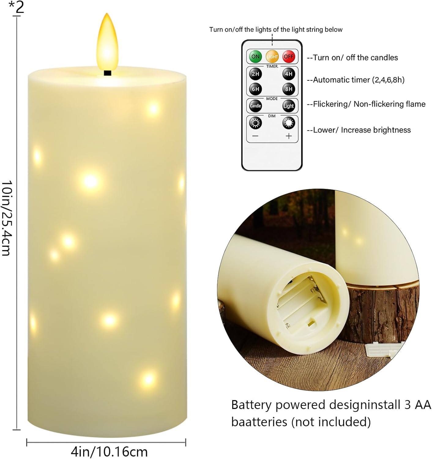kakoya 10" x 4" Large Outdoor Waterproof Flickering Flameless Candles with Timer,2Pcs Battery Operated LED Pillar Candles with Embedded Star String for Outdoor Lanterns,Porch,Patio Decor(Ivory)