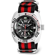 VOSTOK | Classic Amphibian Automatic Self-Winding Russian Military Diver Wrist Watch | WR 200 m | Fashion | Business | Casual Mens Watches | Model 710640 Black-Red Strap B