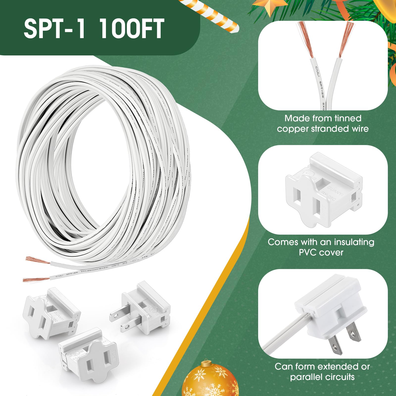 Chapou SPT-1 100 ft 18/2 Wire Electrical Wire with 6 Plugs 18 AWG Wire 18 Gauge Wire for LED Lighting Strip Lamp, Lamp Extension Cable, Residential Outdoor Commercial Industrial, White