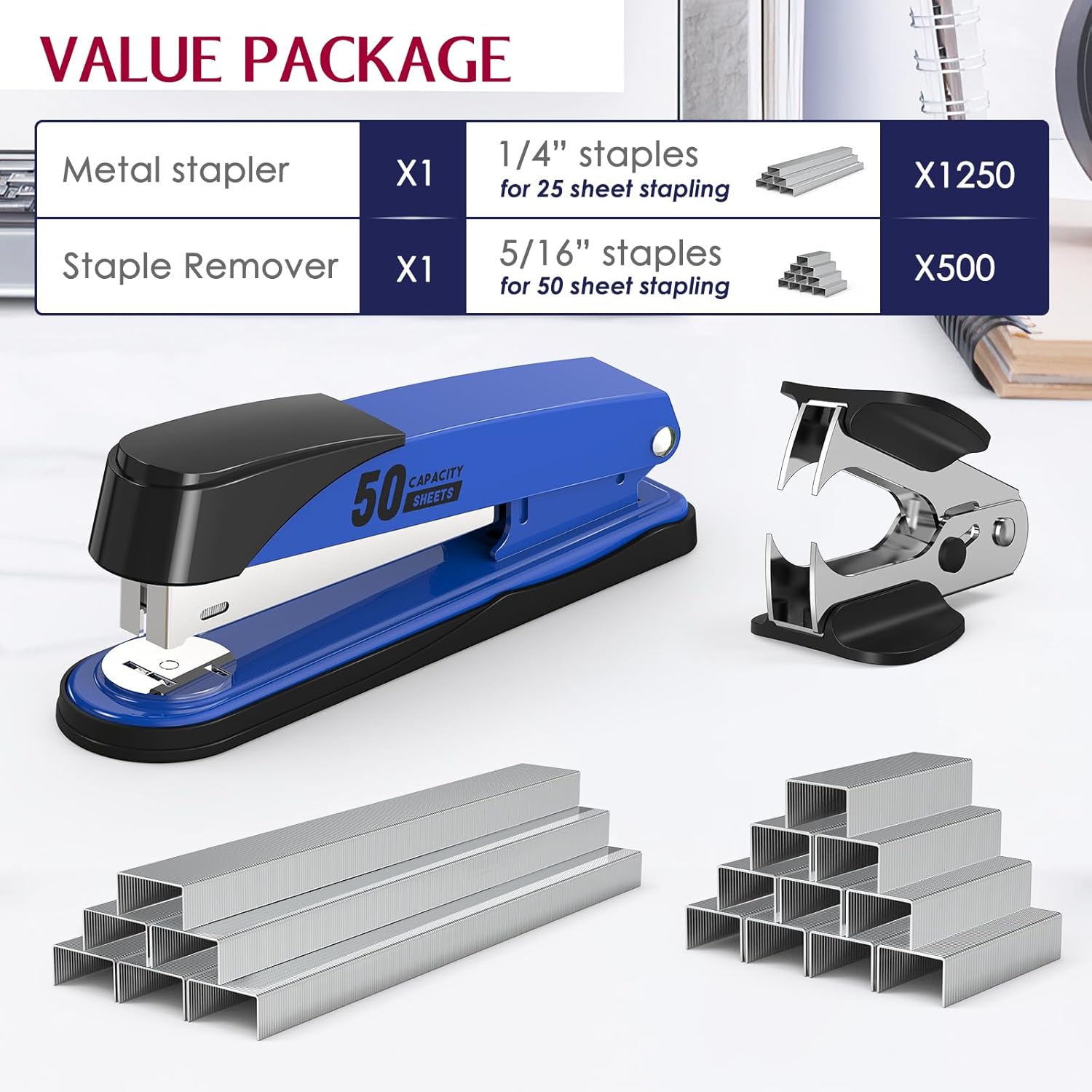 metal stapler heavy duty 50 sheet capacity with 1750 staples and staple remover, full strip staplers for desk, no jam, non-slip for office & classroom, blue