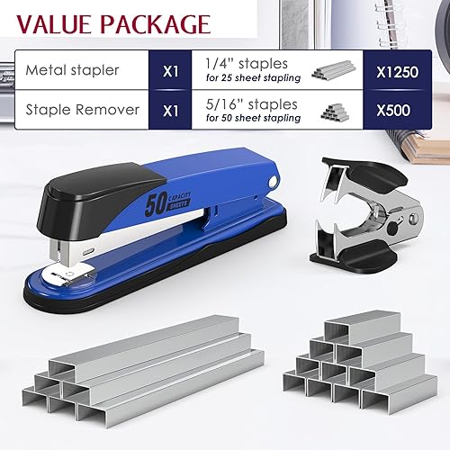 Miniatura 2 de Engrapadora de metal resistente con capacidad de 50 hojas con 1750 grapas y removedor de grapas, engrapadora azul de tira completa para escritorio,