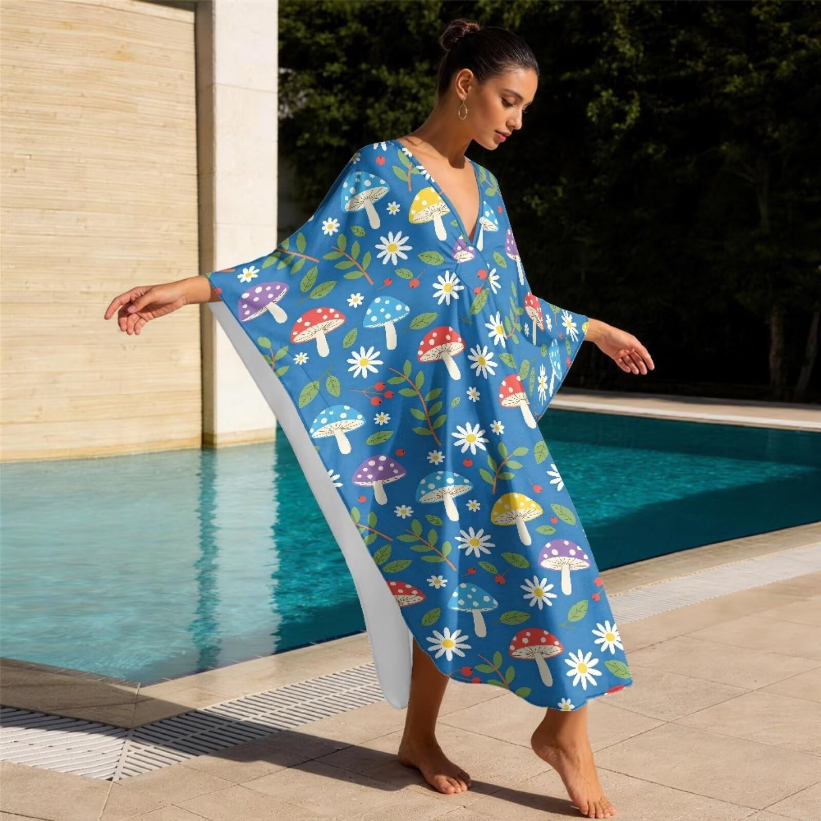 Poceacles Abiti lunghi da donna taglie forti caftani con scollo a V copertura da spiaggia maniche a pipistrello estate primavera autunno vestito coverup