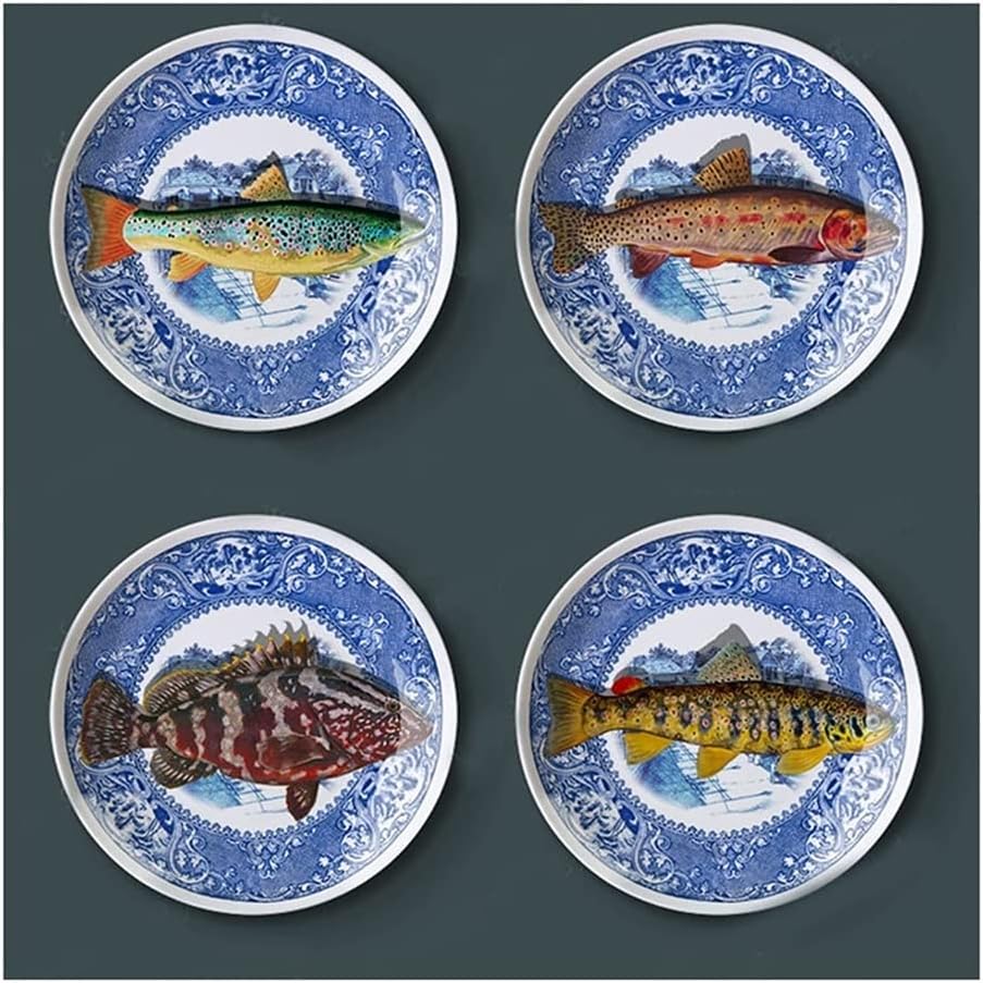 石器プレート プレートブルーと白の魚料理レストランの背景壁の装飾ぶら下げプレートセラミックプレートホーム工芸品プレート装飾品 キッチンプレート Color 002 Size 7 Inch 最新入荷