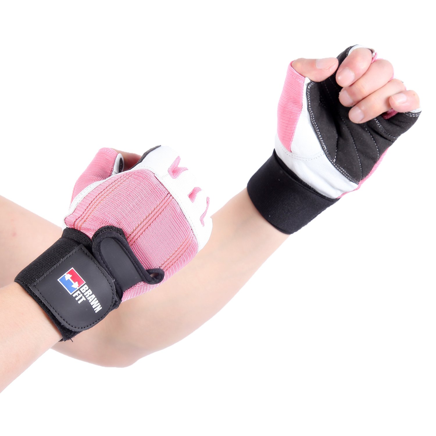 Piel suave Gimnasio Levantamiento de pesas guantes sin dedos con 12 "muñeca apoyo gimnasio con doble costura estilo para hombres y mujeres Brawn Fit, Rosado/Blanco