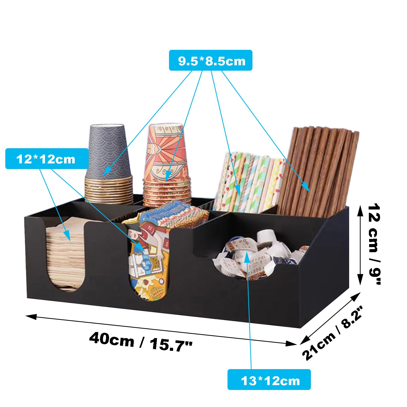 Organizador para café - Caja para organizar cápsulas Tazas Vasos Sobres de azúcar o de té - Bandeja de almacenaje con Compartimentos,Negro