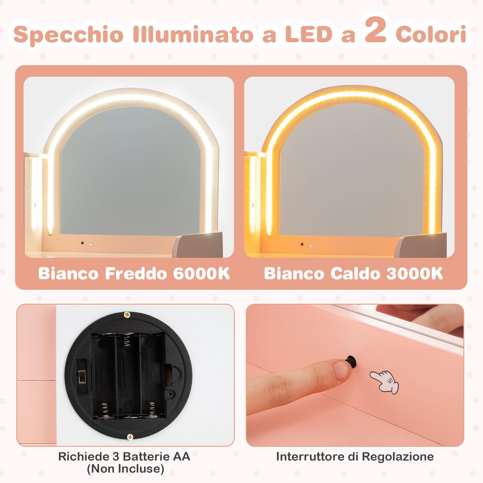 COSTWAY Toeletta Trucco 2 in 1 per Bambina, Specchiera per Ragazza in Legno con Mensole, Cassetto, Ripiani e Luci LED Regolabile, Postazione Trucco per 3 Anni, 80 x 40 x 94 cm (Rosa Chiaro)