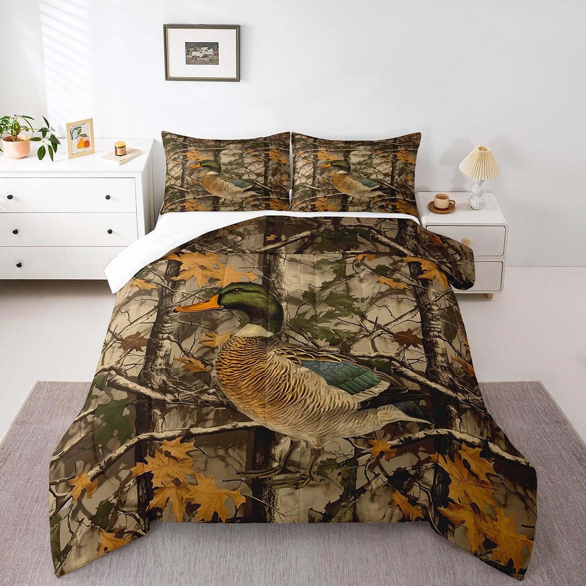 Feelyou Mallard Duck Comforter Set Queen Size Wild Animal Bedding Set for Boys Girls Teens Bedroom Decor Hunting and Fishing Comforter Women Men Wildlife Duvet Set with 2 Pillow Cases