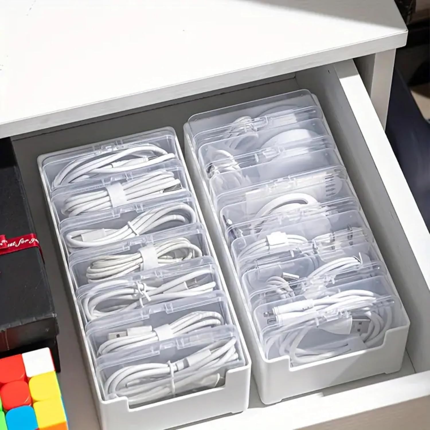 Cable Organizer Storage Box with 11 Wire Ties,Desktop Cable Management Box with Switch, Power Cord Organizer for Office,Home,Desk Accessories Storage Stationery Supplies（Clear）