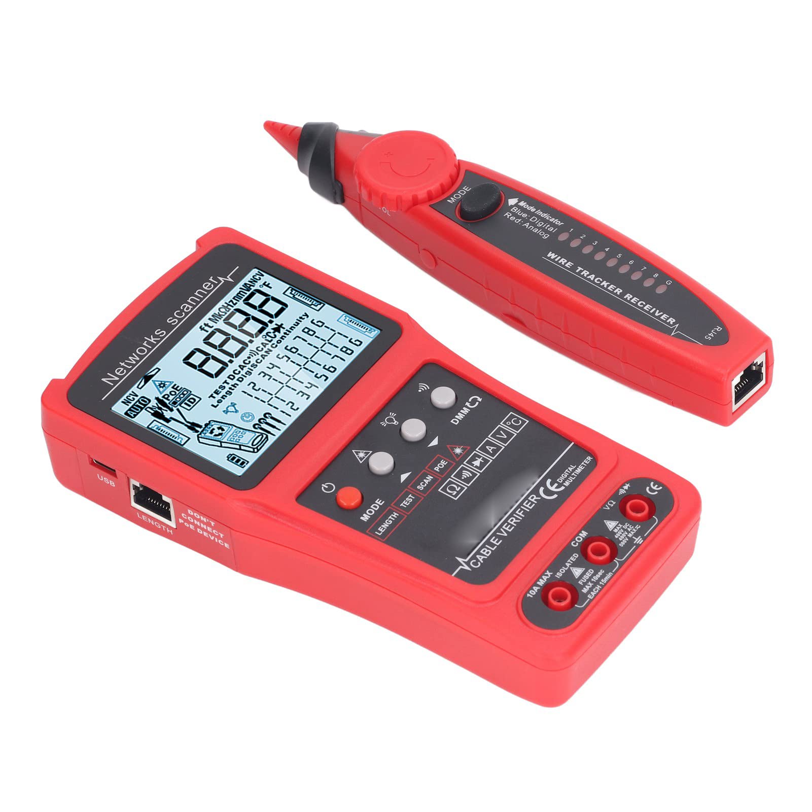 Wakects Tester per Cavi di Rete, Tester per Cavi Ethernet ABS con LCD, Multimetro Lampeggiante con Porta di Test POE e Tracciamento di 3000 M, per Installatori di Elettricisti Manutenzione della Rete