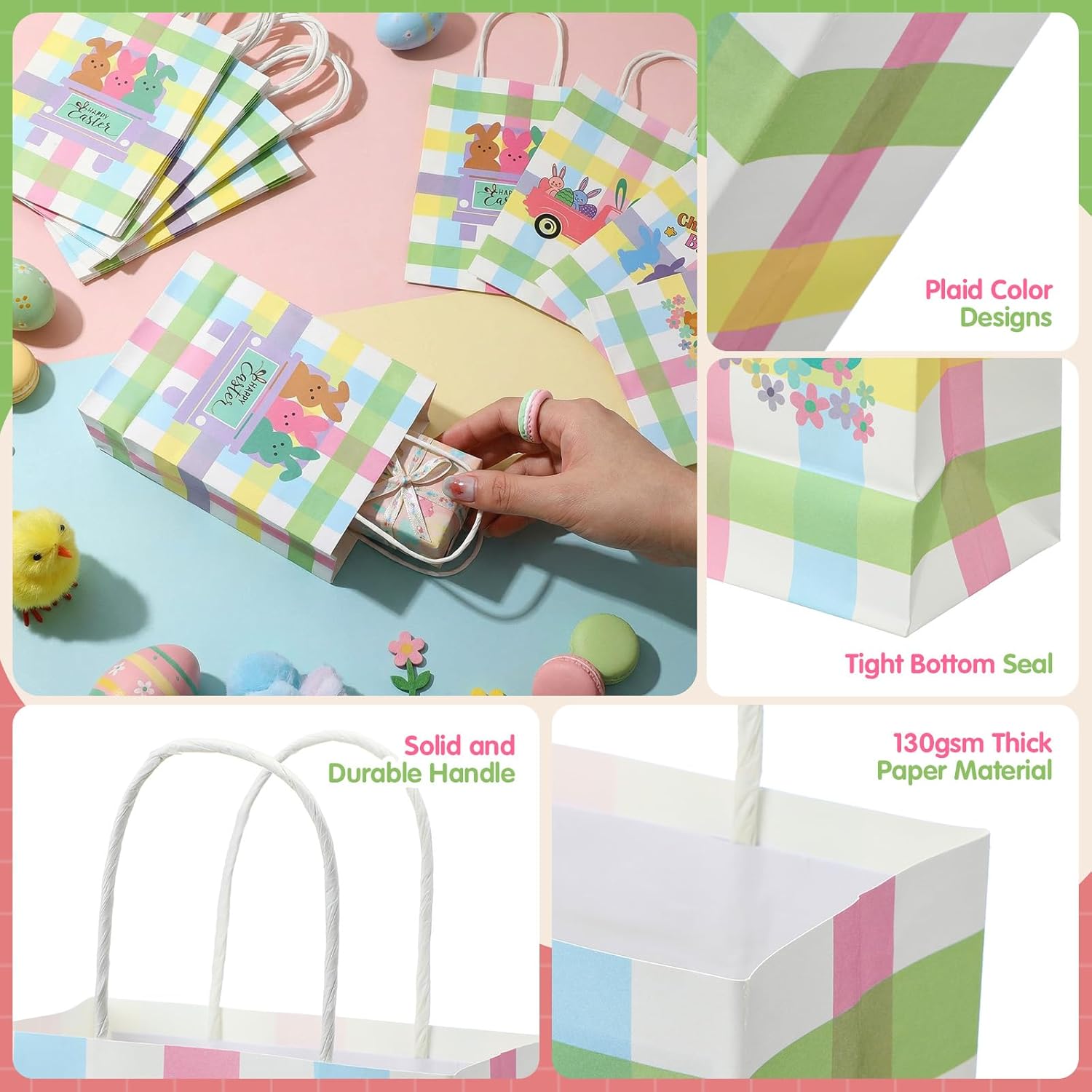 Weysat 100 Pcs Happy Easter Gift Paper Bags Bulk Colorful Bunny Chillin Treat Tote Bags with Handles Egg Hunt Bag for Snack Candy Treat Party Favor Spring Birthday Party Supplies - Image 3