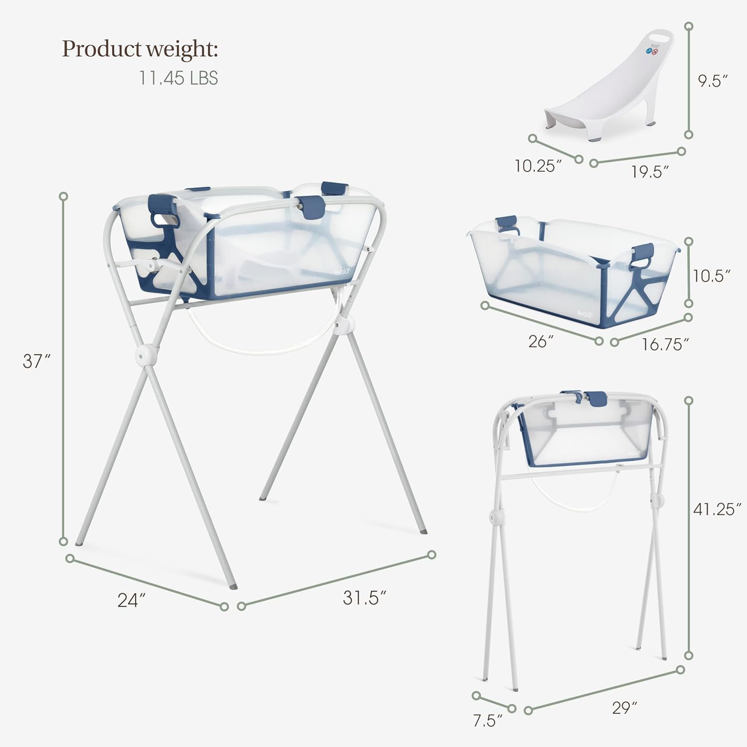 Evolur Supple Baby Spa Set with Infant Bathtub, Hammock Support Seat & Metal Frame, Newborn Tub for 0–12 Months, Complete Baby Care Essentials Gift Set for New Parents, Navy Blue