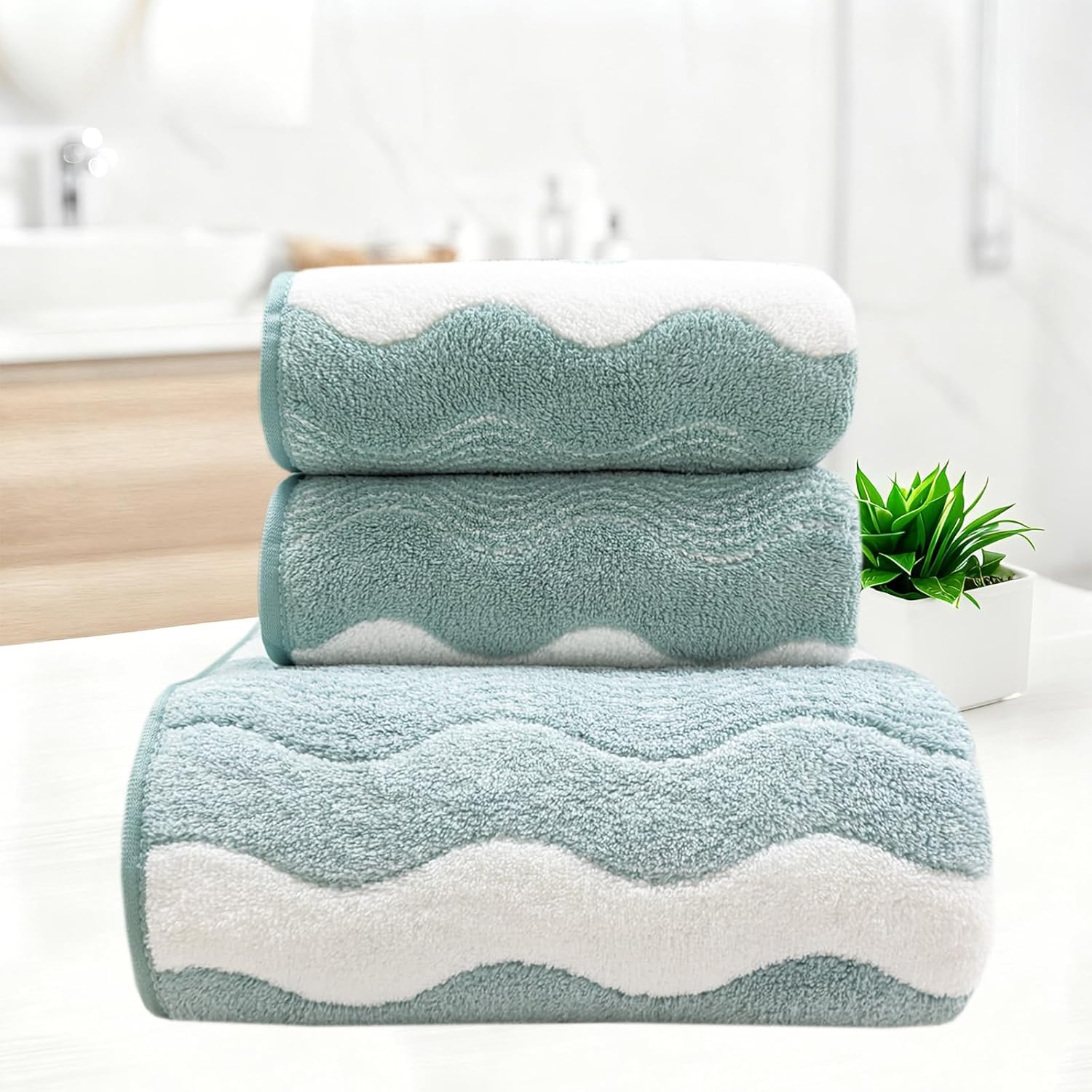ABREEZE Wave Stripe Pattern Towel Set,Green,3pc Coral Fleece Soft and Fluffy Absorbent Towels for Gym and Bathroom(1 Bath Towel,2 Hand Towel)