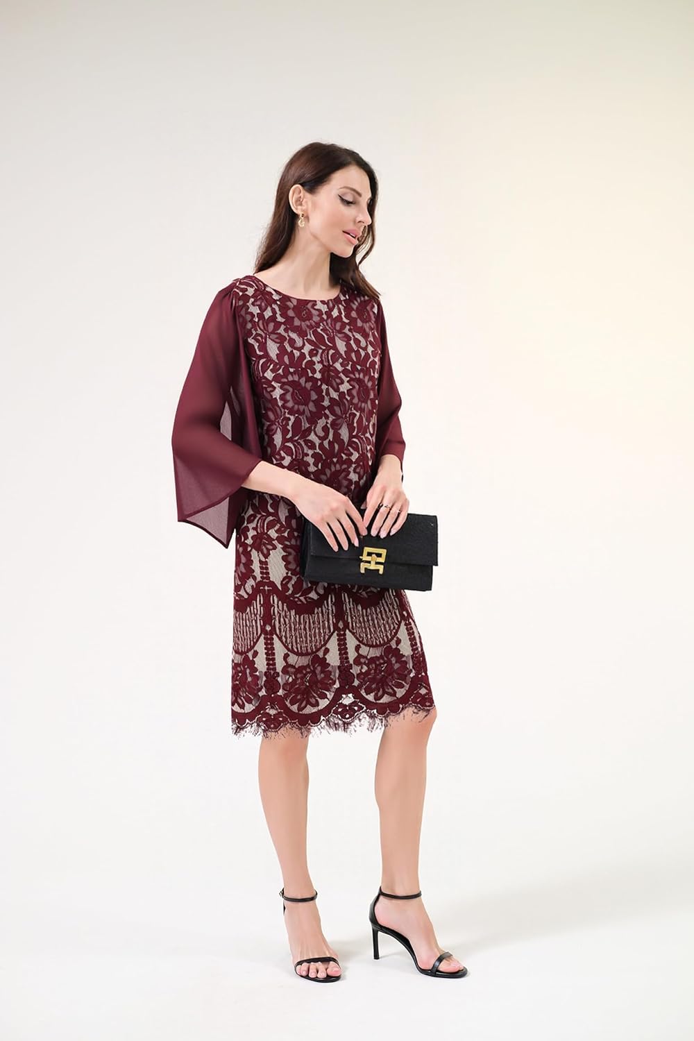 DERAX Women's Lace 3/4 Sleeve Mini Dress Chiffon Wedding Guest Party Knee Length A-Line 2026 Spring Dresses - Image 2