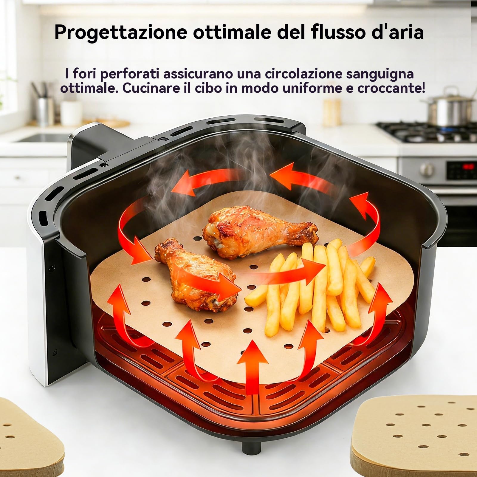 200 Pezzi Carta Forno Per Friggitrice Ad Aria | Quadrata 16-20 Cm | Antiaderente E Resistente Fino A 230°C