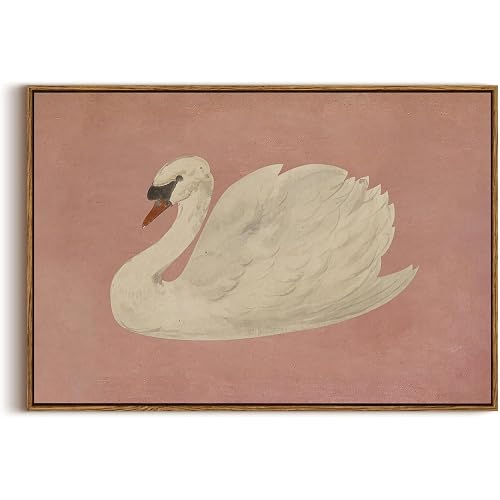 KISSFOX Framed Wall Art Vintage Wall Decor Pink Swan Pictures Retro Animal Canvas Art Rustic Aesthetic Paintings Farmhouse Artwork For Bedroom Living Room Kitchen