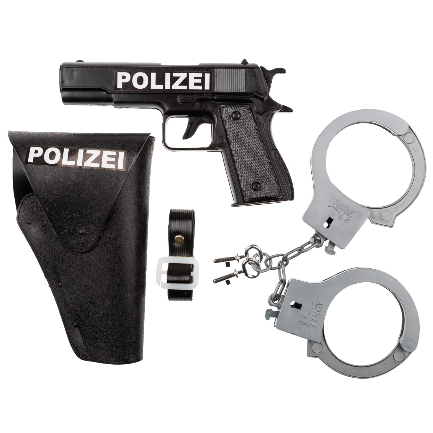 Idena 8040007 - Zestaw policyjny, pistolet, kabura i kajdanki, zestaw zabawowy, impreza tematyczna, karnawał