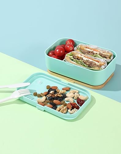 Miniatura 2 de invvni Lonchera Bento para adultos con utensilios para hombres y mujeres, color verde, tapa de bambú natural, palillos, apta para microondas,