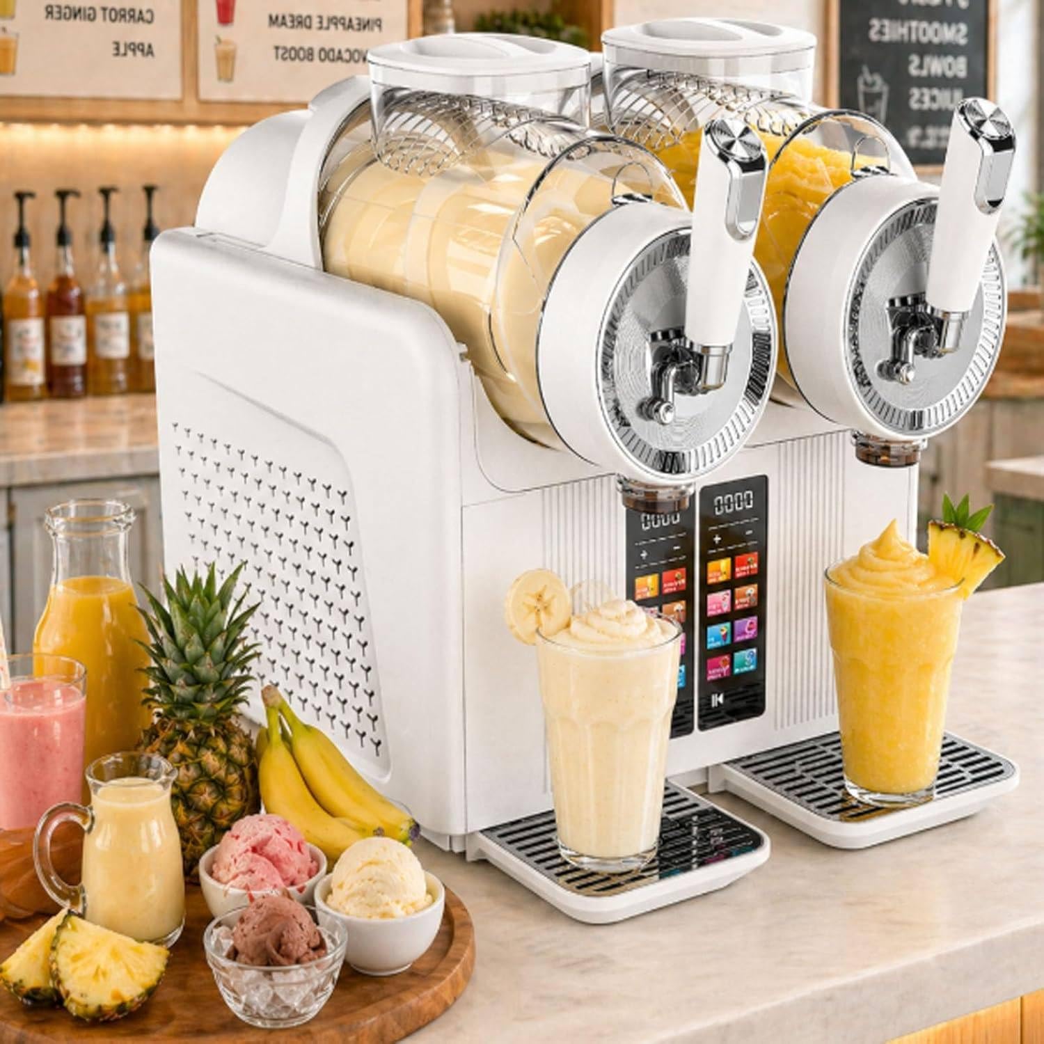 2l*dual Slot Slushie Machine for Commercial with No Ice Needed, 7 Preset Programs, Self-Cleaning Function, LED Display, Quiet Operation, For Making Chilled Margaritas, Milkshakes, Smoothies White