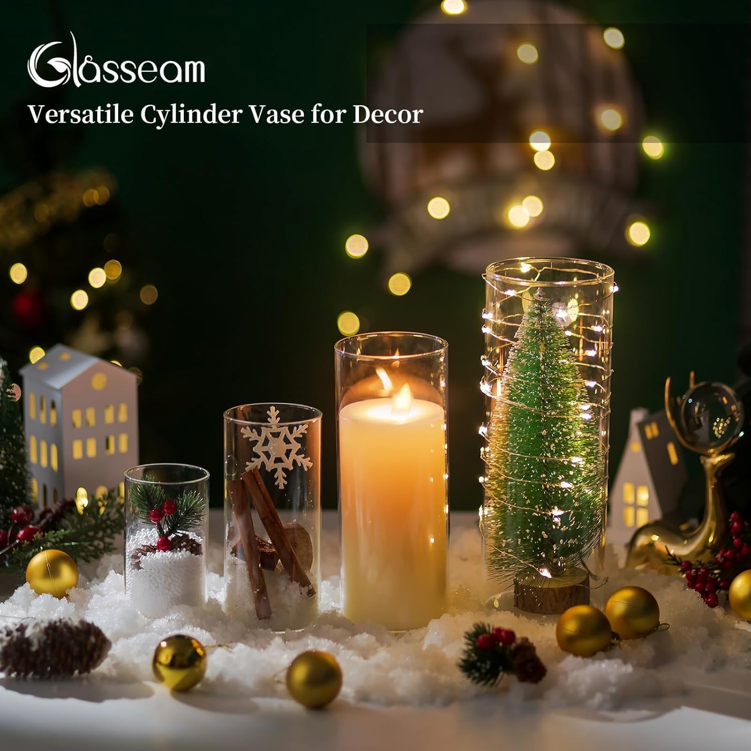 Glasseam Cylinder Glass Vases for Centerpieces: 12 Pack Clear Flower Vase Bulk 4" 6" 8" 10" Hurricane Floating Pillar Candle Holder - Modern Centerpiece for Wedding Dining Home Table Decor