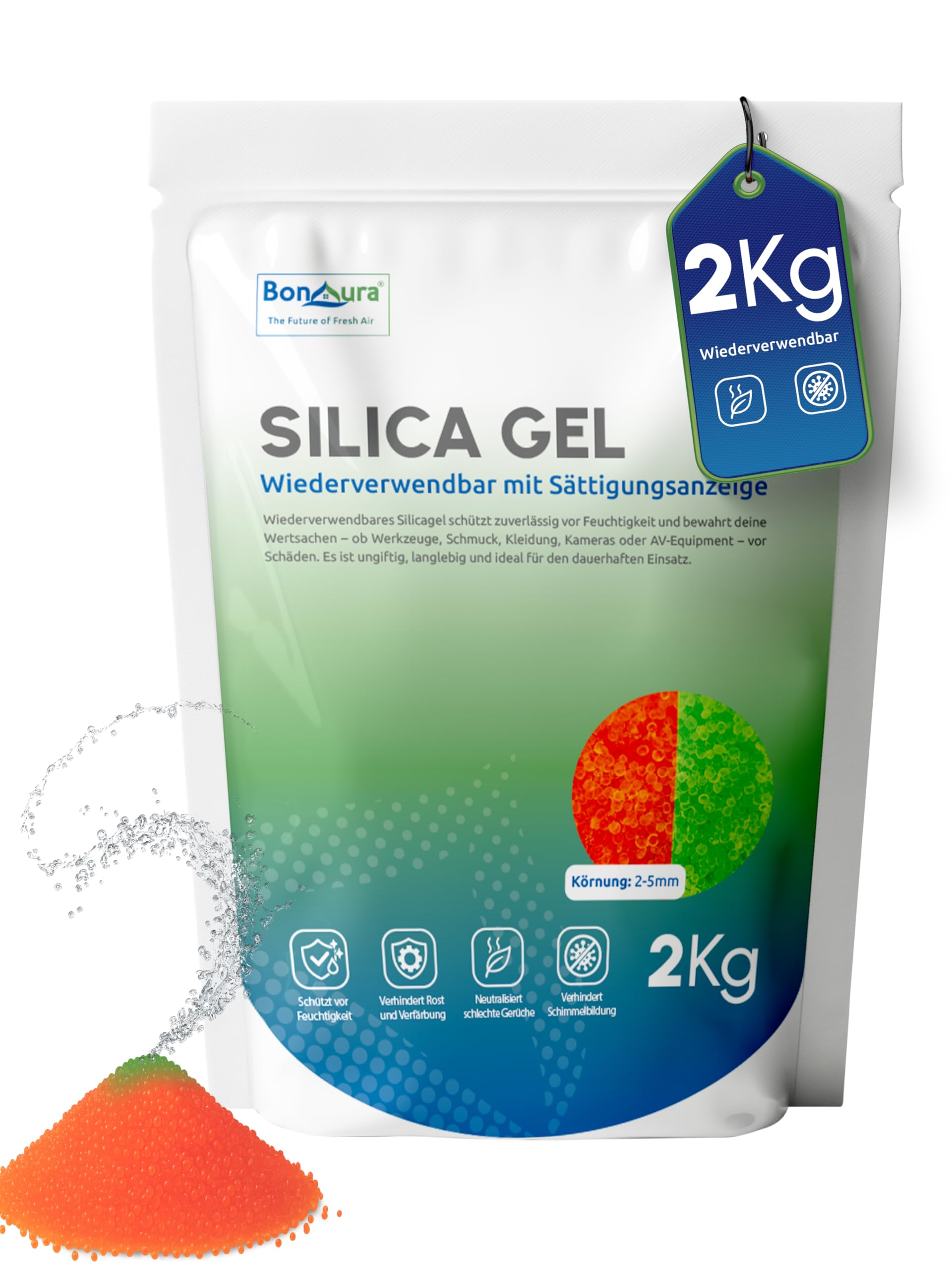 BonAura® 2KG Silica Gel - Silica Kugeln auch als Filament Trockner geeignet - Silikat Trockenmittel regenerierbar und wiederverwendbar - Im luftdichten ZIP Silicagel Beutel