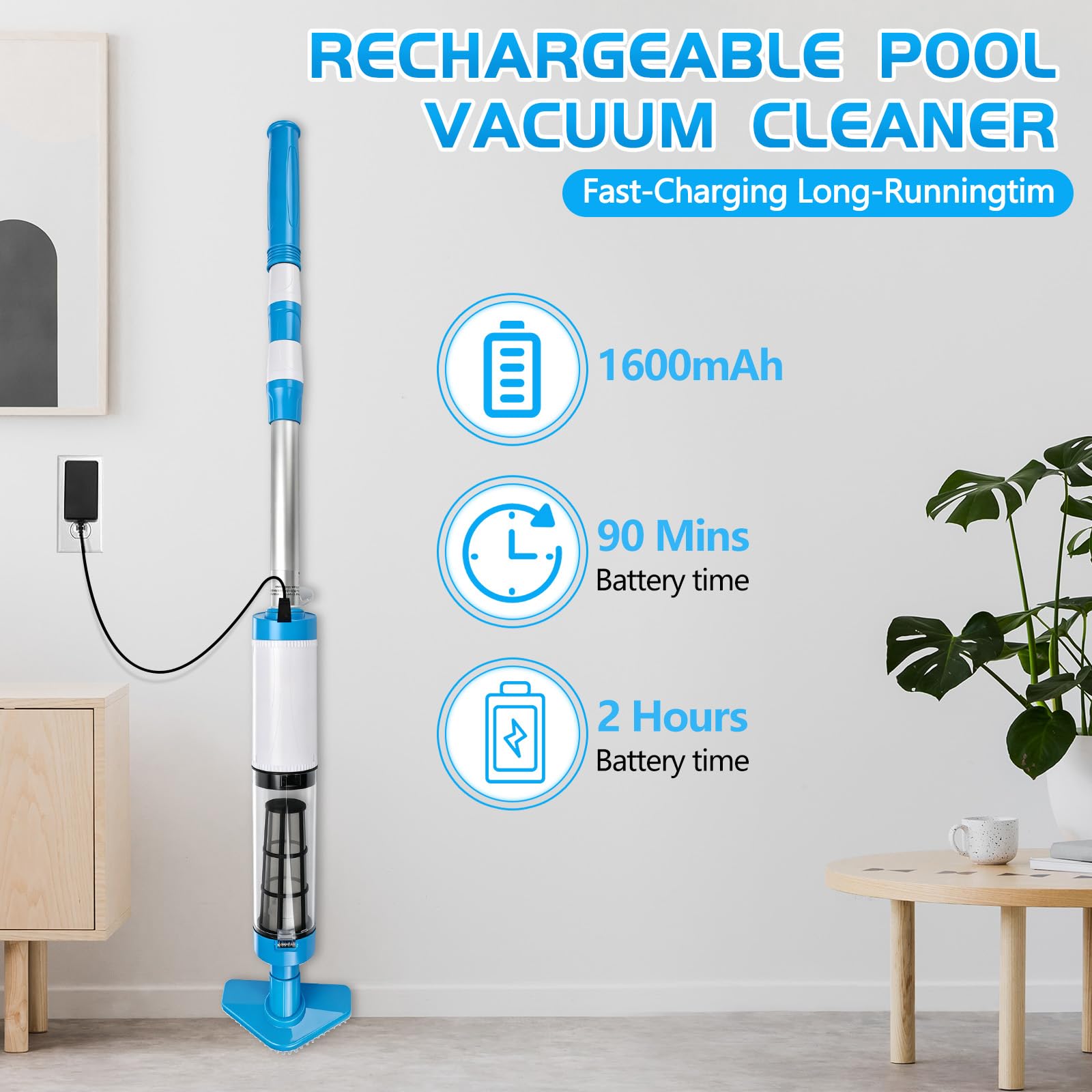 Aspirapolvere senza fili per piscina con batteria da 1600 mAh, con asta di prolunga, filtro e 3 teste, max. 165 cm, aspirapolvere per piscina, idromassaggio e piscina per bambini