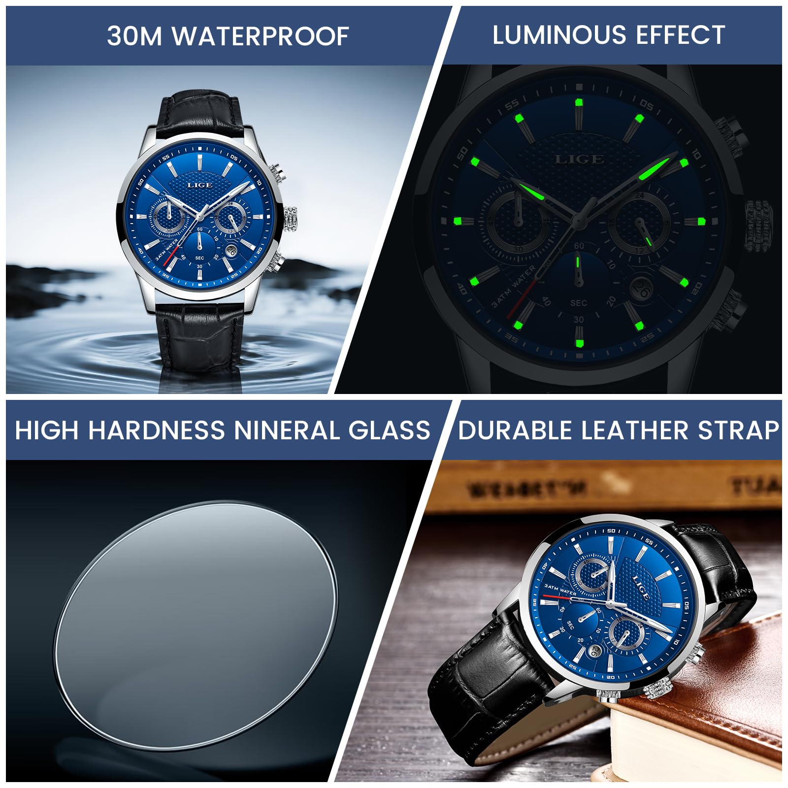 LIGE Montre Homme Chronographe 3 ATM Etanche Vintage Montres Hommes Cuir Quartz Date Aiguilles Luminescentes Business et Décontractée Waterproof Mens Watches for Men