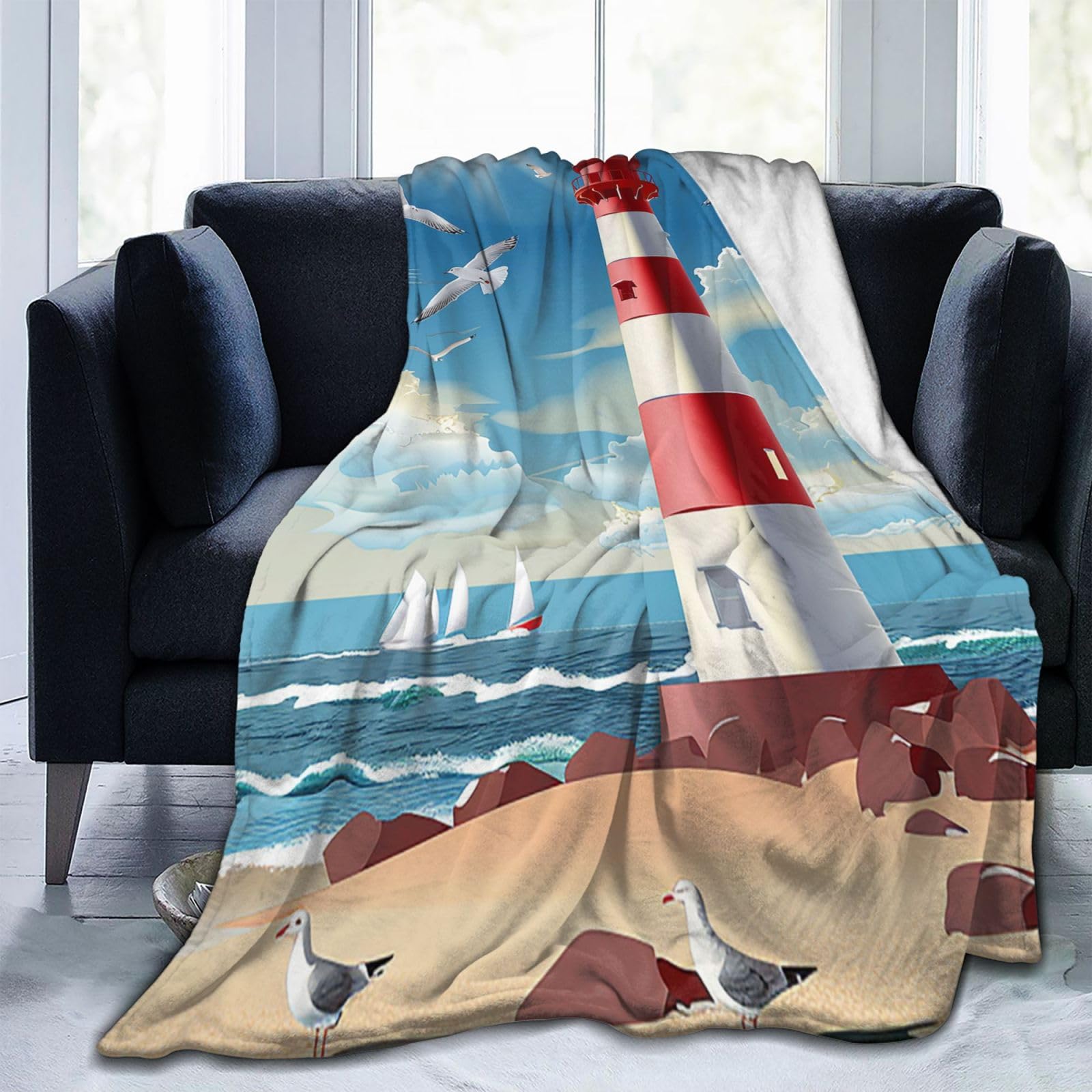 shgwehh Lighthouse Seagull Blanket Soft Cozy Throw Blanket Fluffy Flannel Fleece Blanket for Sofa Bed Camping Travel 125x100cm(50"x40")