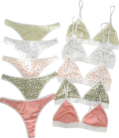 BEAUDRM Womens 5 Sets Matching Bra and Panty Set Cute Sexy Lingerie Sets | Leopard, Polka Dots, Triangle Bralettes, Low Rise Thong, Multicolor, Large