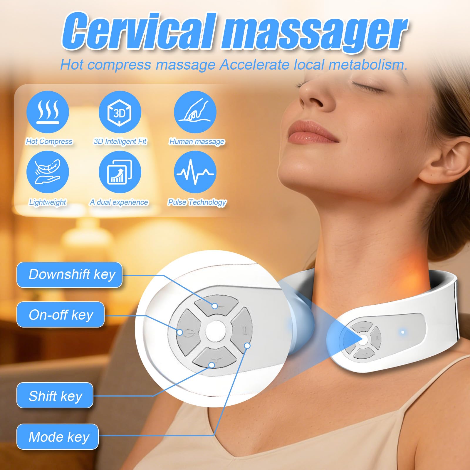 Masseur Cervical, Massage Cou Portable Vocale Intelligente avec Thérapie Thermique à 42°C, 6 Modes 15 Intensités, Masseur électrique à impulsions cervicales pour Bureau, Maison, Voyage
