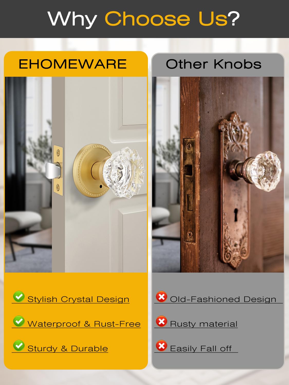 Gold Glass Door Knobs - Keyless Privacy Levers -7
