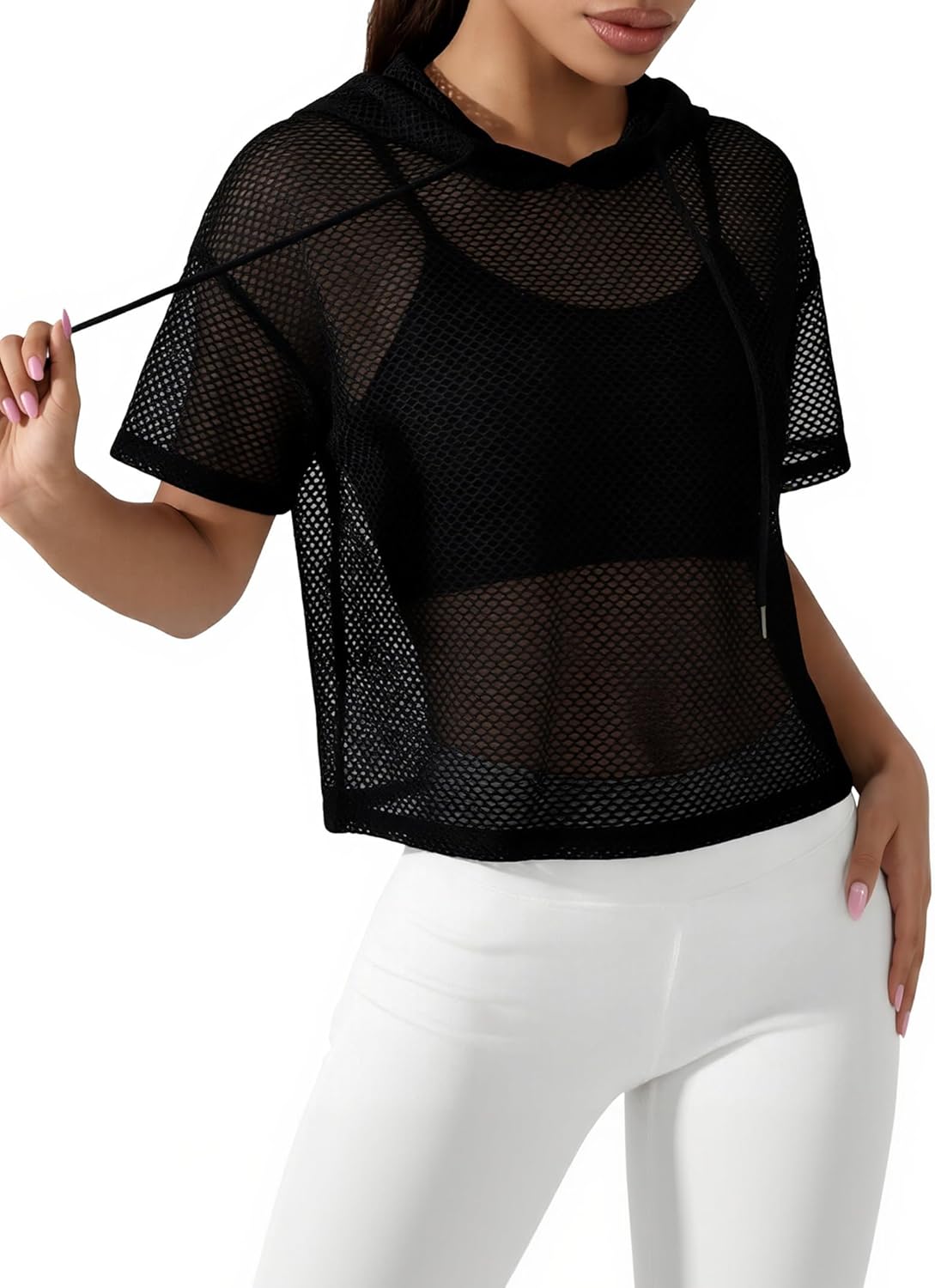 Remidoo Women Fishnet Mesh Workout Crop Top Short Sleeve Cropped Hoodie Athletic Gym Yoga Tops