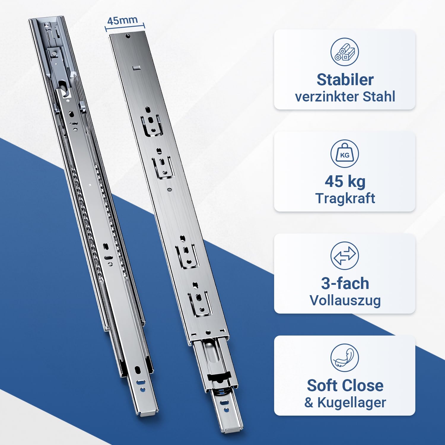 Schubladenschienen Vollauszug 450 mm 45 kg Soft-Close, 3 Paar