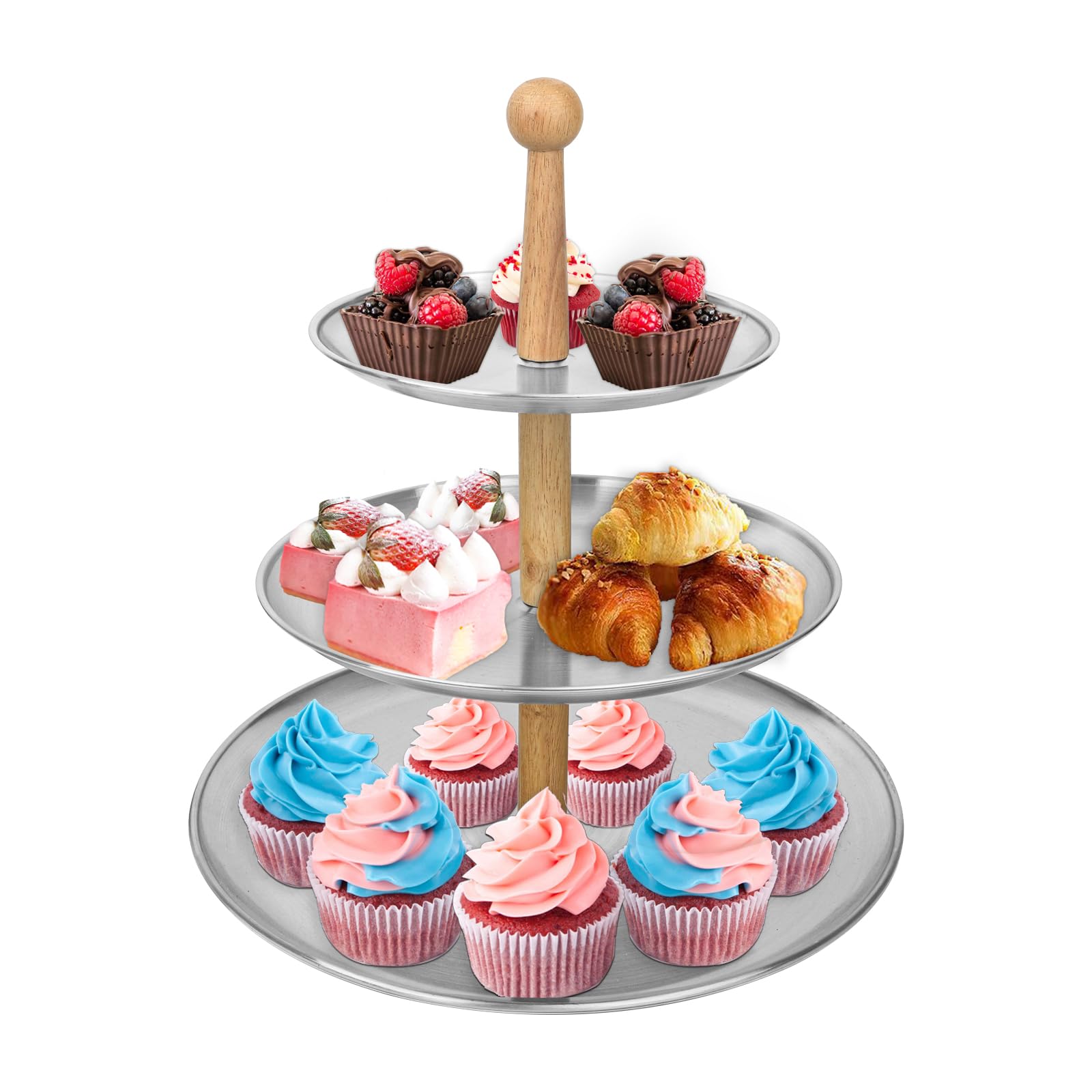 3 Tier Cupcake Stand Stainless Steel Dessert Display Rack with Removable Tiered Tray for Parties,Weddings,Birthdays, Decorations,Any Festivals and Festivities (Silver - Oak Pole)