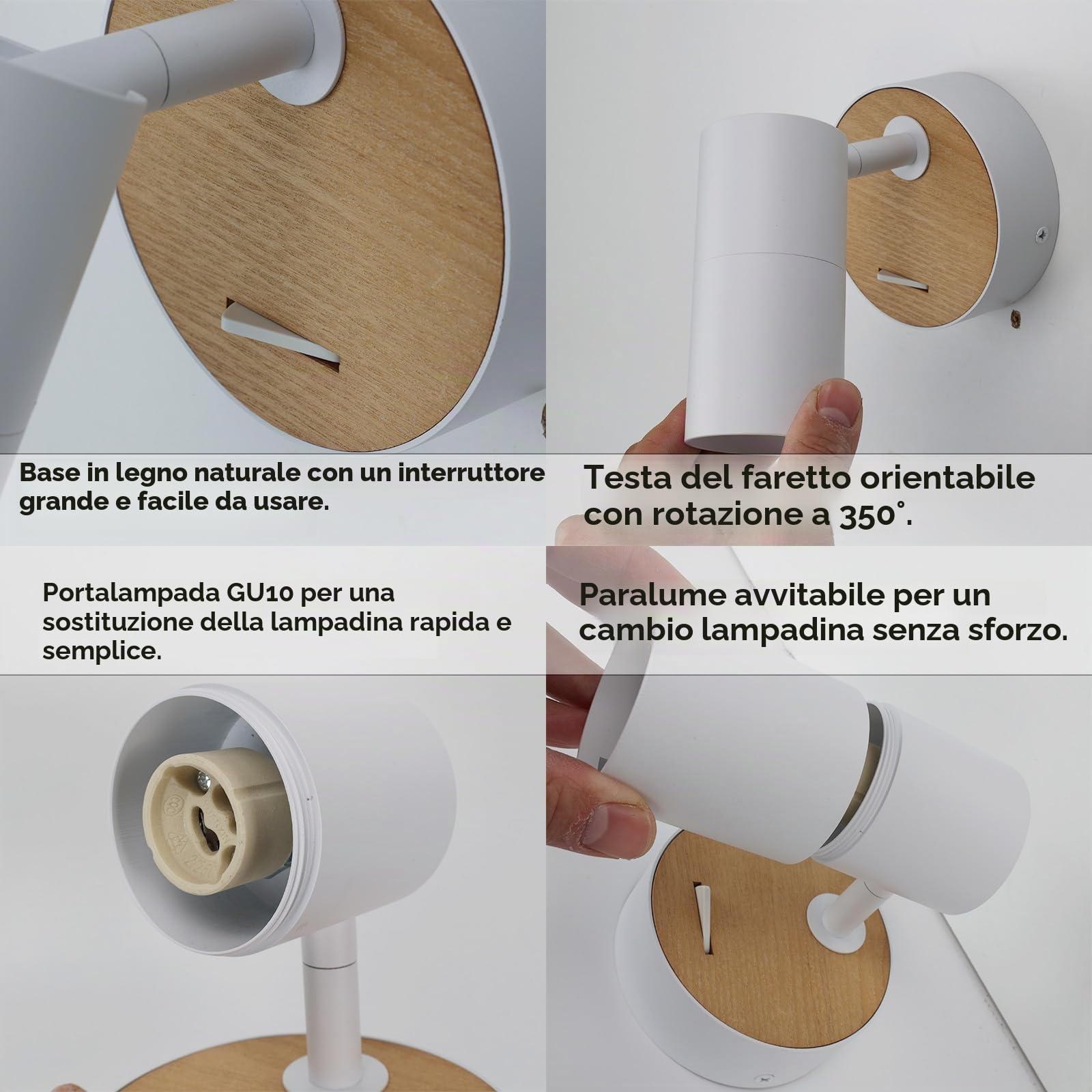 Alpinaluz Applique da Parete GU10 con Testa Cilindrica Orientabile a 350°, Base Rotonda Ø10 cm e Interruttore Integrato, Bianco e Legno Naturale, Stile Nordico, per Lettura, Camera o Soggiorno