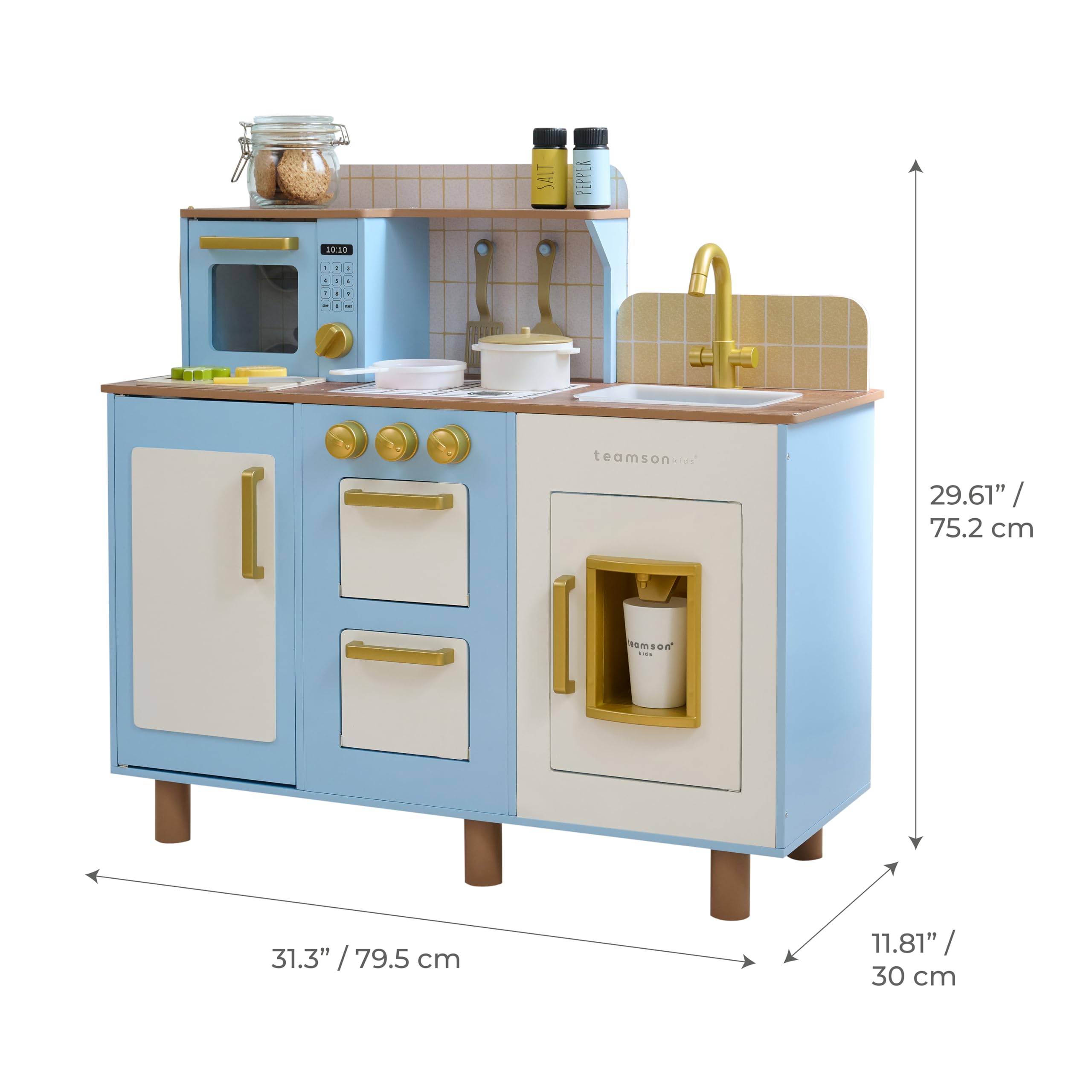 Teamson Kids Little Chef Hampton - Set da cucina in legno con erogatore di ghiaccio, lavandino, manopole per piano cottura, contenitore e 17 accessori inclusi per i più piccoli