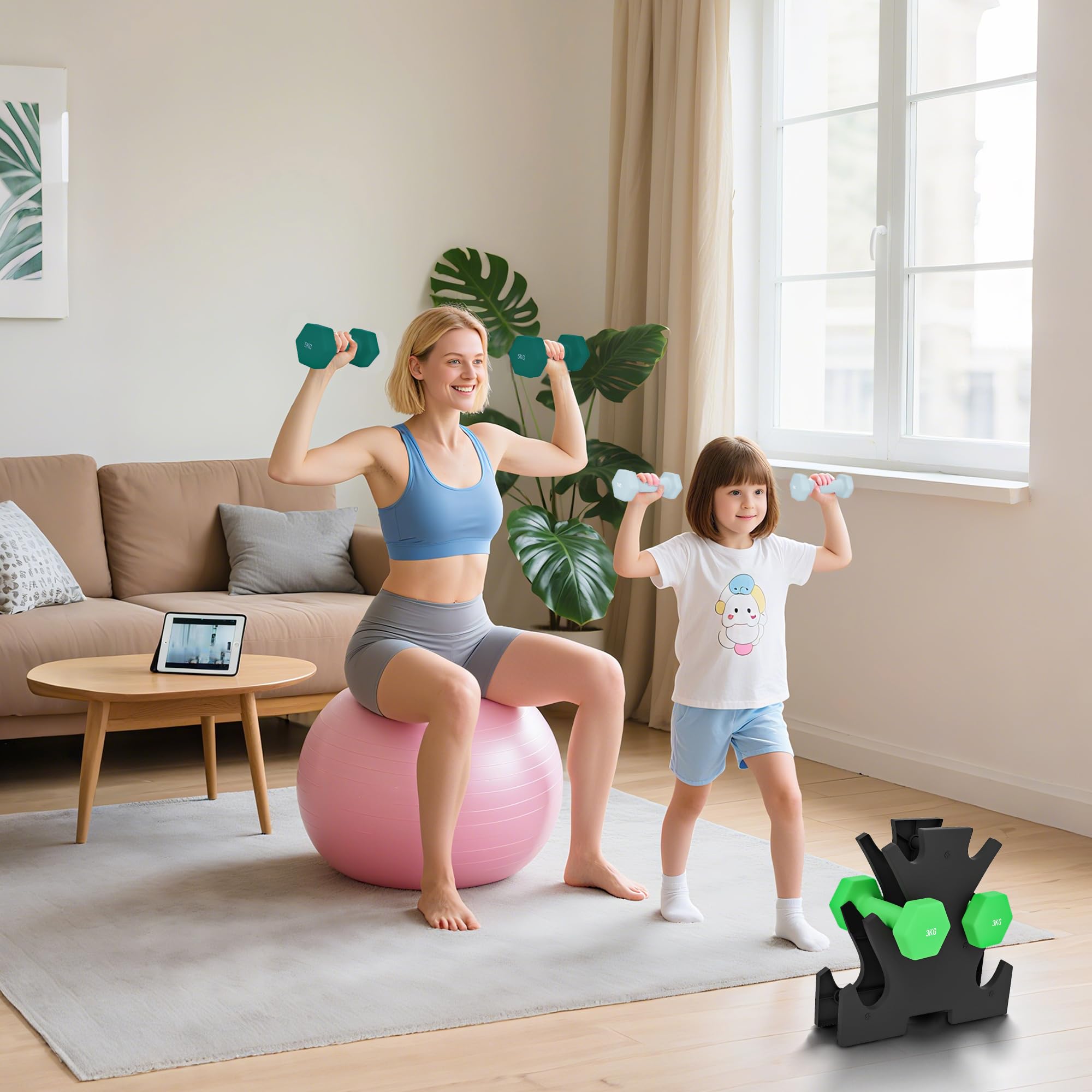 SPORTNOW Set di Manubri da Palestra con Supporto, 2x1 kg, 2x2/5 kg, 2x3 kg, Manubri per Palestra Esagonali in Metallo con Impugnatura, Allenamento Fitness Casa