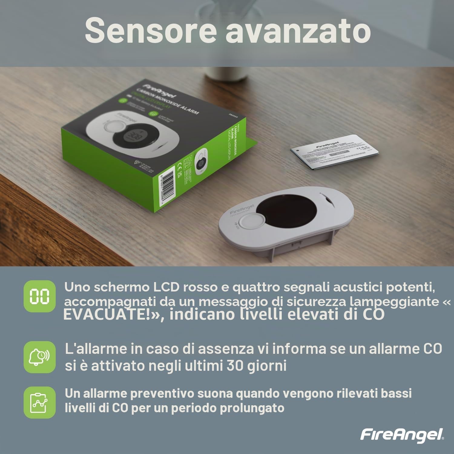 FireAngel FA3322, Rilevatore di Monossido di Carbonio Digitale, Monitor Rilevatore di CO, Sensore di umidità e temperatura Portatile con Batteria 10 Anni, NF certificato
