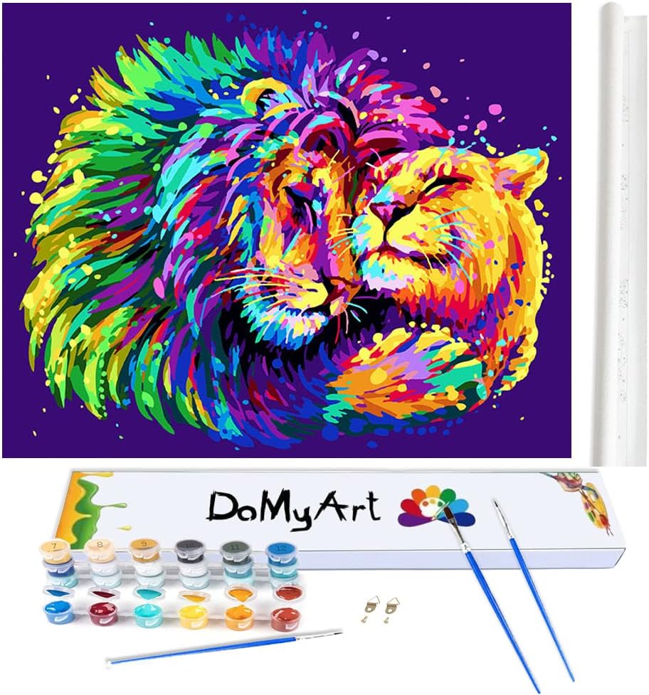 DoMyArt Acrylic Paint by Number Kit On Canvas for Adults Beginner, Paint with Acrylic Animals Art Painting Kits DIY Adult Crafts Acrylic Art Project Kits (Lions Couple)