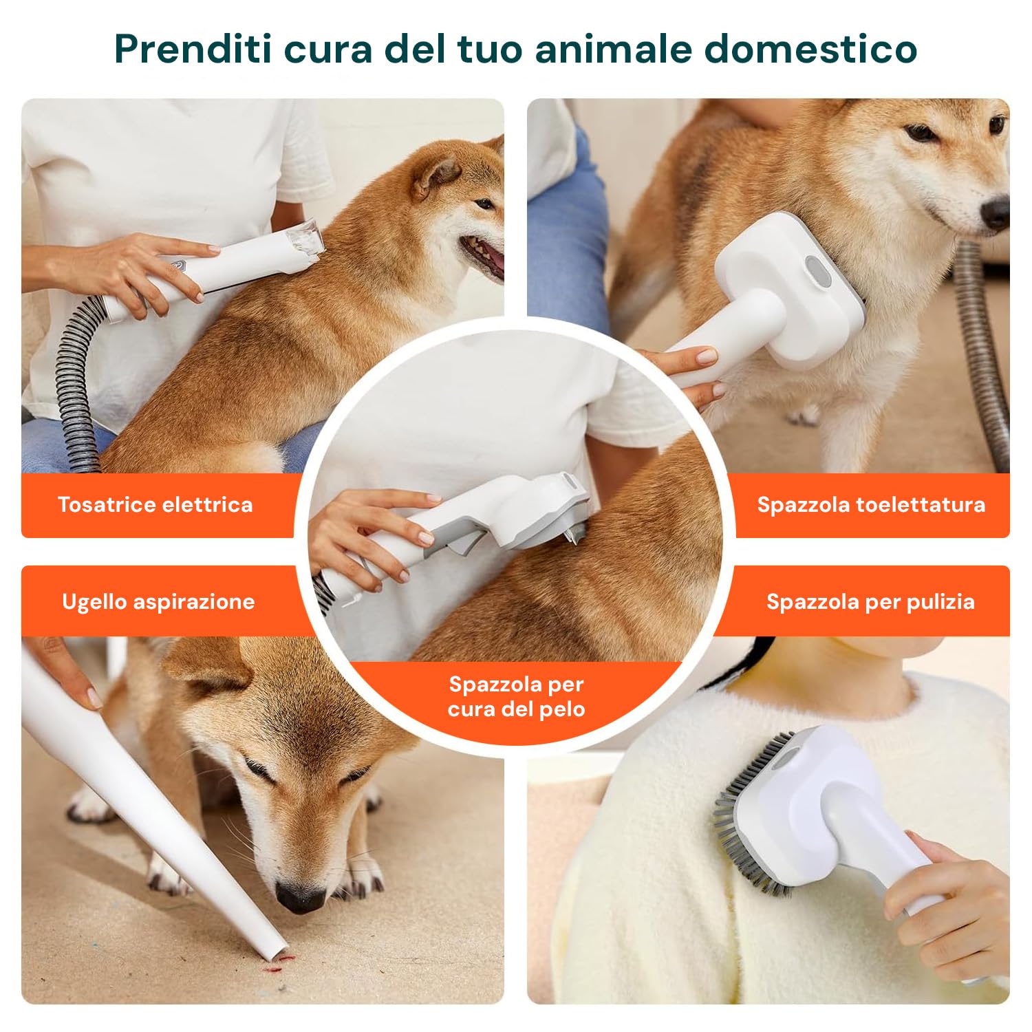 Kit Toelettatura 3in1 per Cani e Gatti - Spazzola, Tosatrice e Aspirapeli – 3 Velocità 350W - Serbatoio 2L e Tubo 1,6m - Toelettatura Completa per Pelo Lungo e Corto - 22x32x13cm