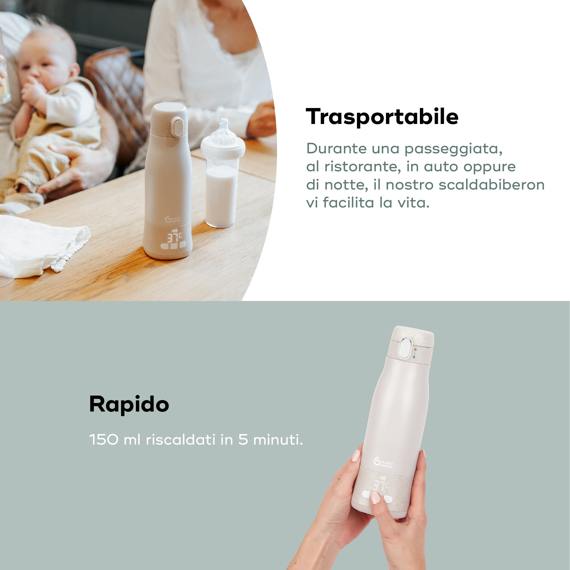 Babymoov Scaldabiberon da viaggio senza filo Moov & Feed- Capacità 340 ml-Acqua o latte materno-Temperatura regolabile- Mantenimento al caldo (fino a 7 ore)-Ricarica USB-Garanzia a vita- Mineral beige