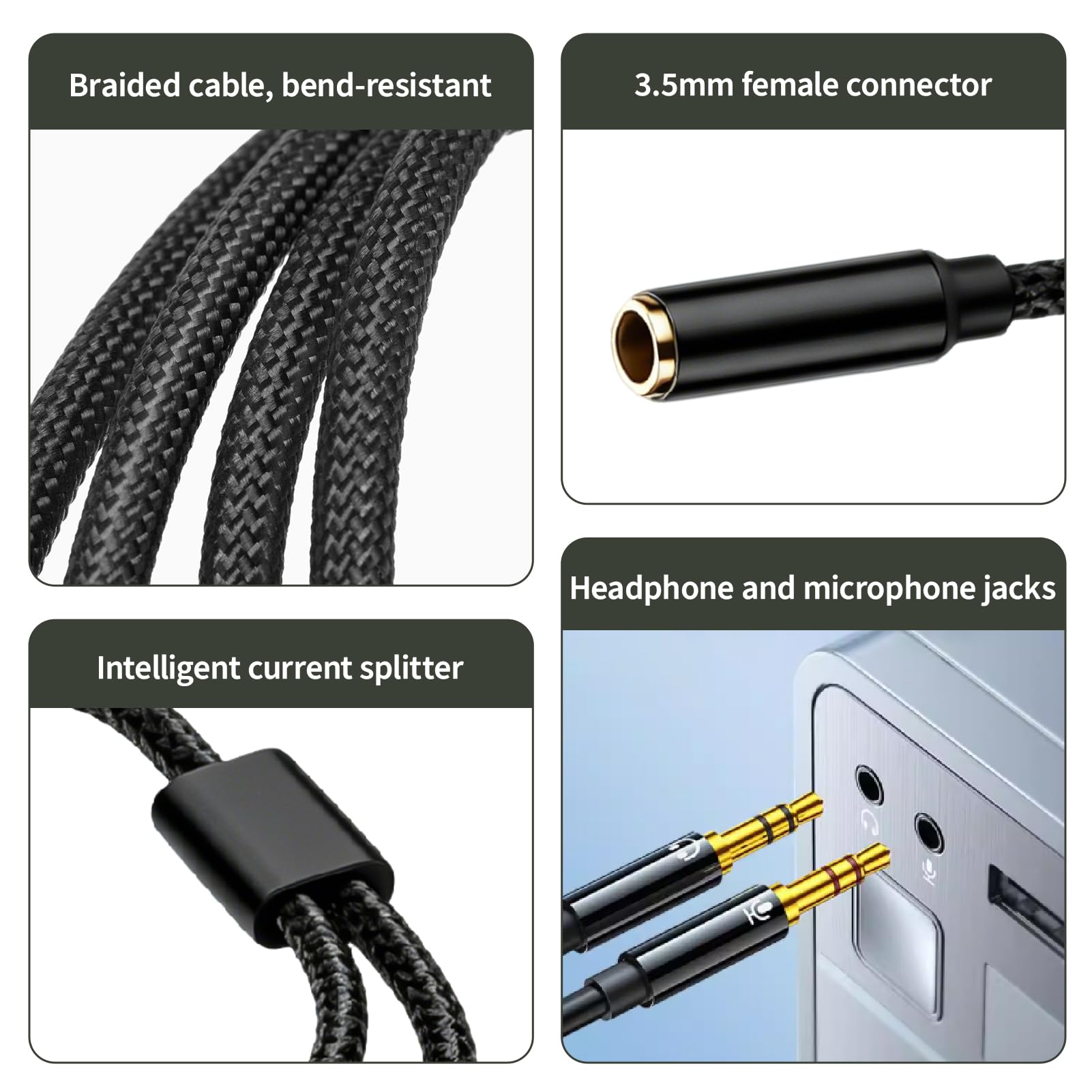 3,5mm Adapter Y Splitter, Headset Adapter 1m TRRS Buchse auf 2X TRS Stecker Kabel für PC Laptop Gaming Headset, 4 Pol auf Dual 3 Pol Klinke Adapter kompatibel mit Desktop Konsole Schwarz