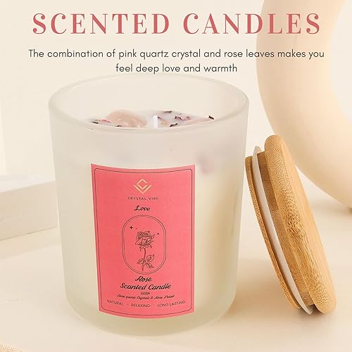 Miniatura 3 de Vela de aromaterapia Crystal Vibe - Velas perfumadas de rosa con cristales de cuarzo y pétalos de rosa - Velas de soja de cristal de 10 onzas,