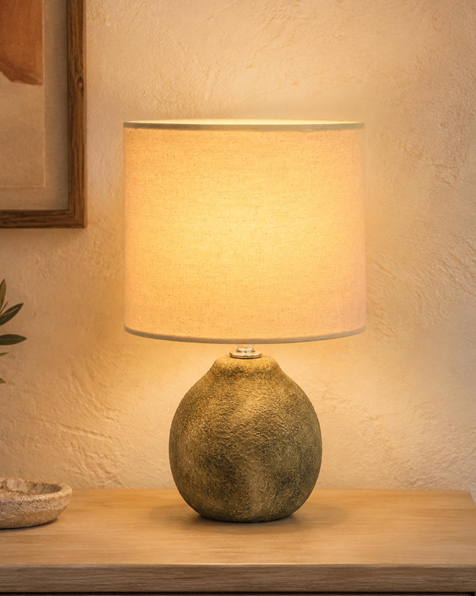 Homesake® Artisan Distressed Green Ceramic Table Lamp with Fabric Shade, Decorative Bedside Lamp for Bedroom, Living Room, Study, E27 Home Décor Light (Small Khadi Drum Shade)-image-5