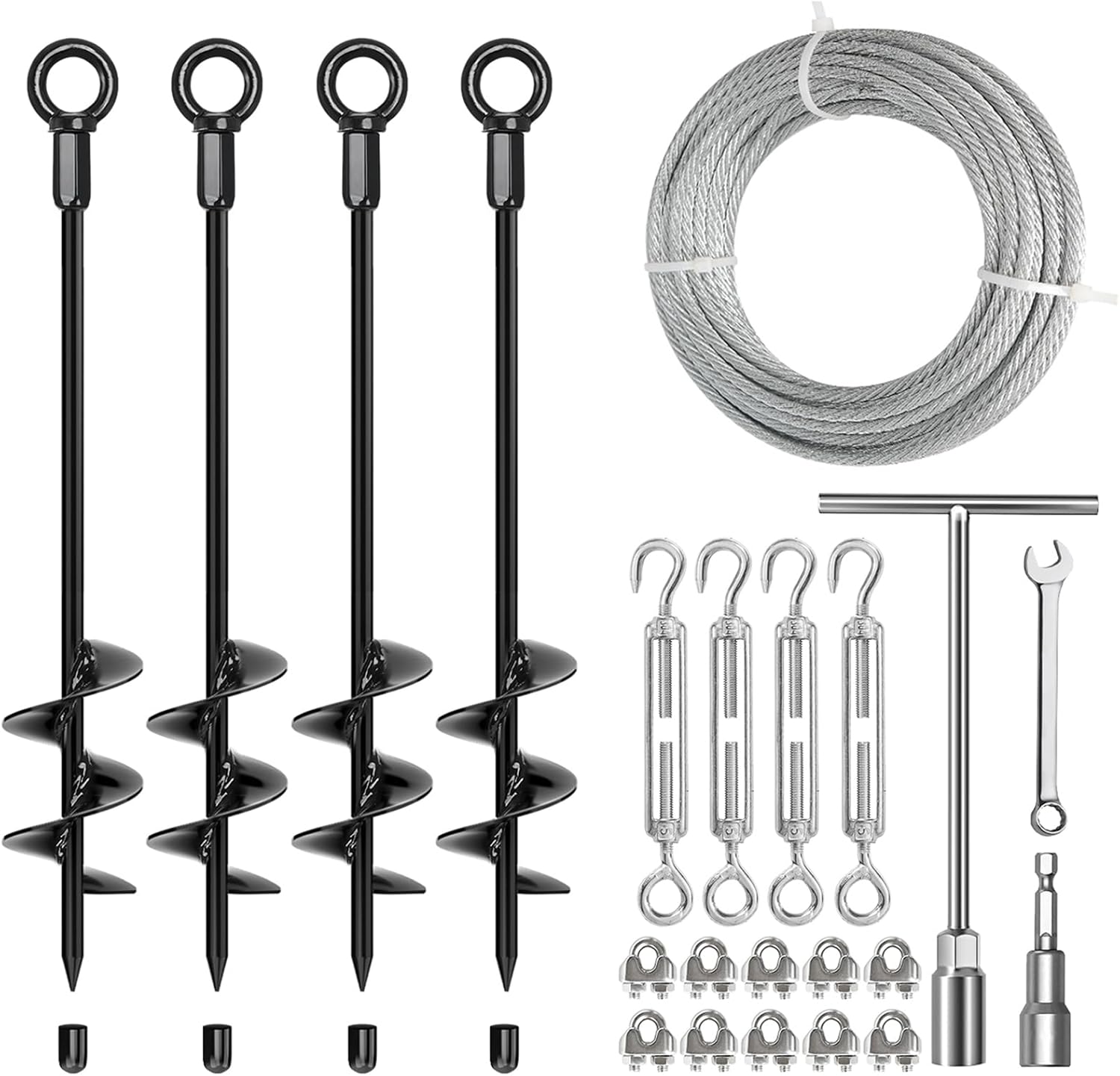 ‌L-KHYFU 4 Pack 18" Ground Anchors & Shed Anchor Kit with 1/8" Galvanized Cable & Turnbuckles, Heavy Duty Earth Anchors Fully Welded for Swingset, Carport, Gazebo, Trampolines