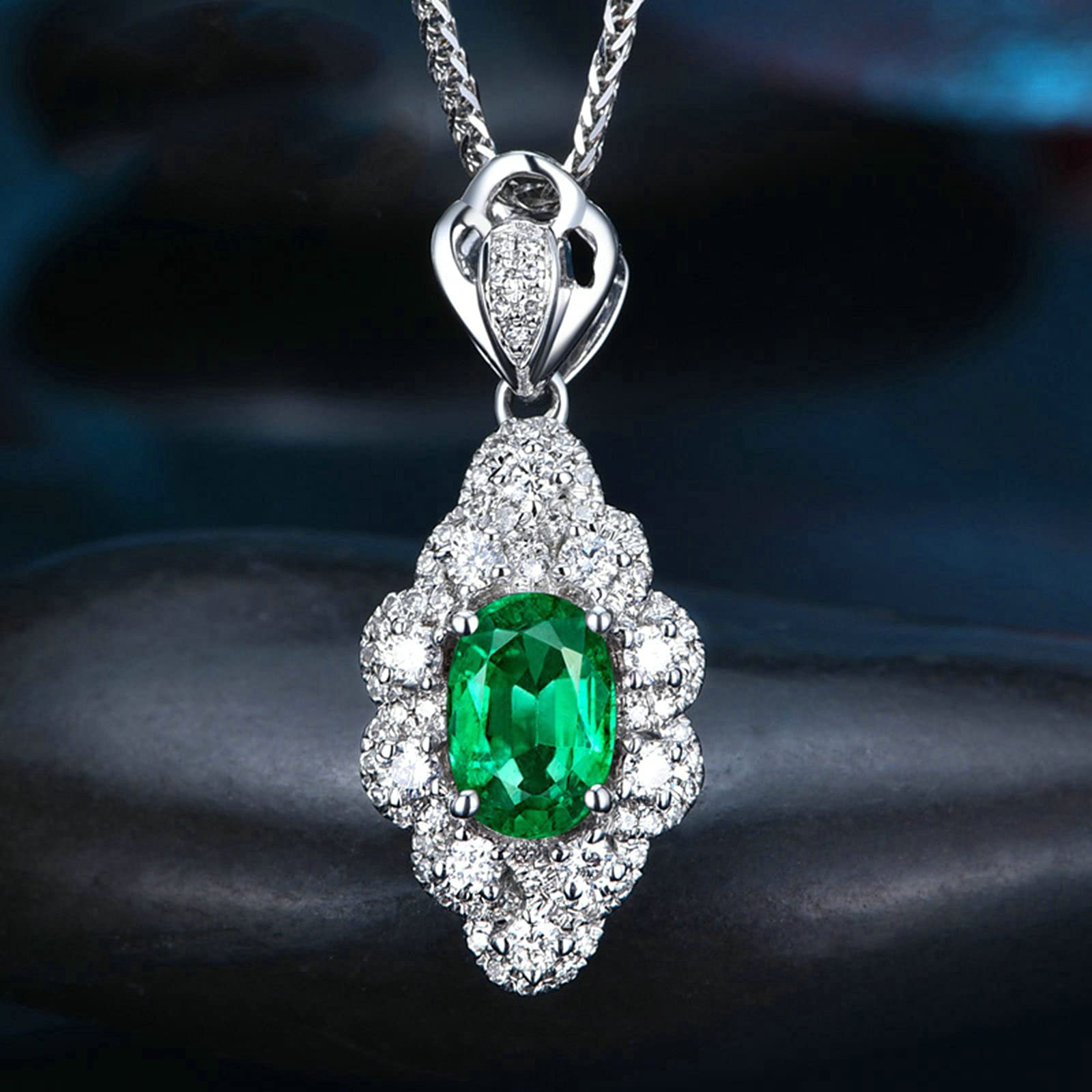 Collar de plata, flor ovalada creada en laboratorio, esmeralda de 1,2 quilates de oro de 18 quilates/plata de ley 925, collares con colgante para mujeres y niñas, regalo para el día de la madre/día de