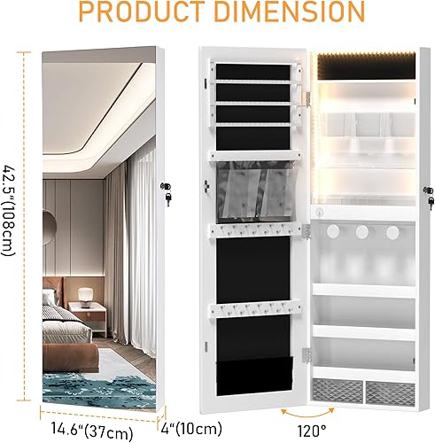 Miniatura 2 de LVSOMT 3 LED espejo montado en la pared armario de joyería sobre la puerta organizador de armario de joyería con espejo de longitud completa espejo