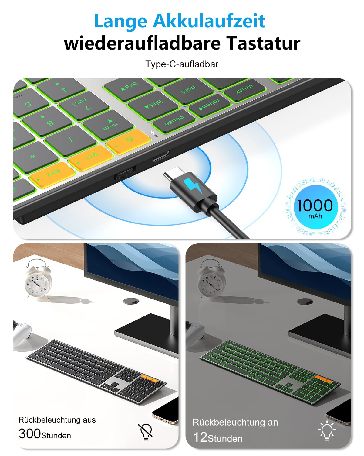 OMOTON Kabellose Tastatur Bluetooth, Metallgehäuse, Deutsches QWERTZ Layout | 2,4G+BT, Beleuchtet, Schlanke Scherenmechanik für Leises Tippen, Wiederaufladbare, für Windows PC/MAC, Büro/Homeoffice