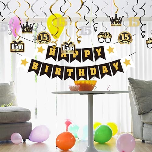 Miniatura 589 de LINGTEER Happy 65th Birthday Decorations Set - 12Pcs Black & Gold Swirls Streamer,Happy Birthday Bunting Banner,Cheers to 65 Years Old Bday Party