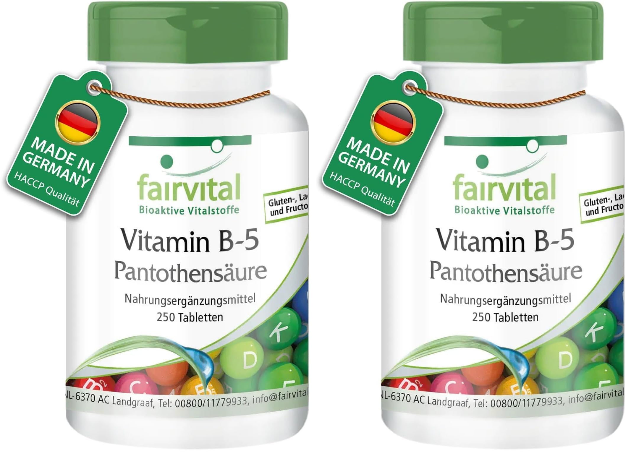 fairvital Vitamin B5, 250 Tabletten, schluckfreundlich, hochdosierte 200mg Pantothensäure, VEGAN, Made in Germany (Packung mit 2)
