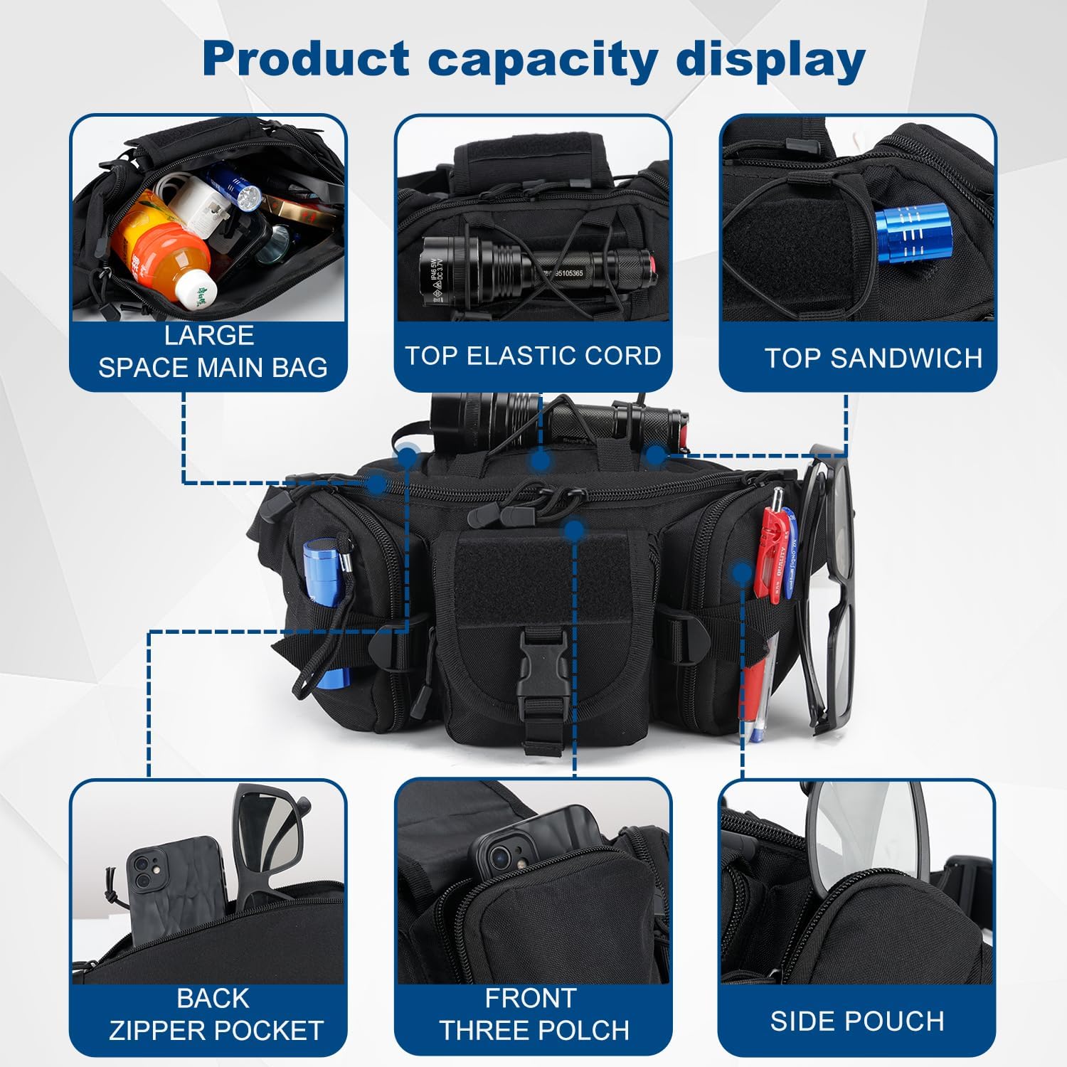 Tactical Military Waist Bag Pack 5L Men's Fanny Pack with Adjustable Waist Belt,for Travel Running Hiking Workout Outdoors Sport Fishing Waist Pack Bag(D005-black) - Image 5